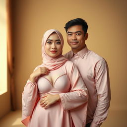 Sebuah scene artistik yang menarik menampilkan wanita berjilbab yang elegan, mengenakan bra dan celana dalam berwarna pink