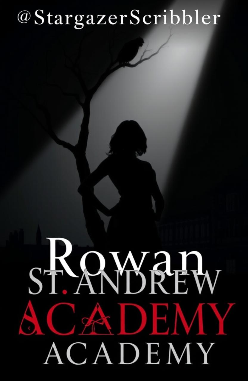 A dramatic book cover featuring a silhouette of a strong, confident woman named Rowan standing defiantly, illuminated by a spotlight against a dark background