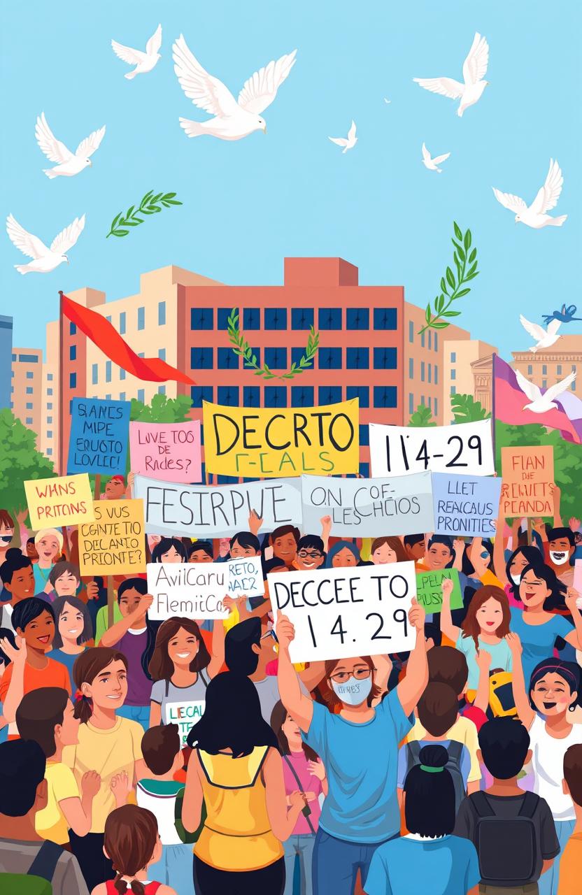 An illustration depicting a peaceful protest scene that embodies the spirit of the Decreto 14-24, a law promoting good practices in public demonstrations