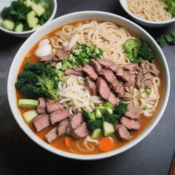 A towering, monstrous version of the noodle soup bowl, laden with vibrant vegetables and meat, springs to life and starts rampaging through a bustling city.