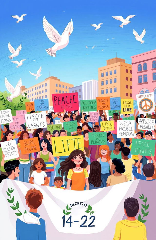 An illustration depicting a peaceful protest scene that embodies the spirit of the Decreto 14-24, a law promoting good practices in public demonstrations