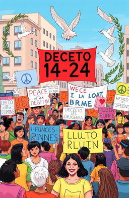 An illustration depicting a peaceful protest scene that embodies the spirit of the Decreto 14-24, a law promoting good practices in public demonstrations