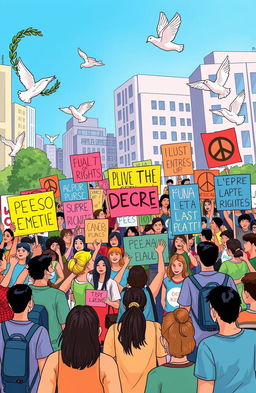 An illustration depicting a peaceful protest scene that embodies the spirit of the Decreto 14-24, a law promoting good practices in public demonstrations