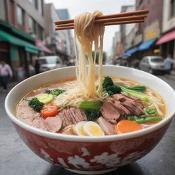 A towering, monstrous version of the noodle soup bowl, laden with vibrant vegetables and meat, springs to life and starts rampaging through a bustling city.