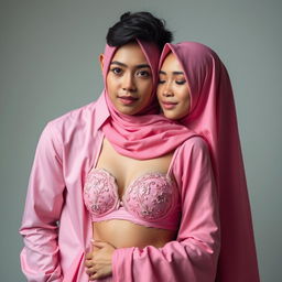 Sebuah komposisi artistik yang menarik menampilkan wanita berjilbab yang anggun, mengenakan bra dan celana dalam berwarna pink