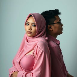 Sebuah komposisi artistik yang menarik menampilkan wanita berjilbab yang anggun, mengenakan bra dan celana dalam berwarna pink