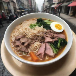 A towering, monstrous version of the noodle soup bowl, laden with vibrant vegetables and meat, springs to life and starts rampaging through a bustling city.