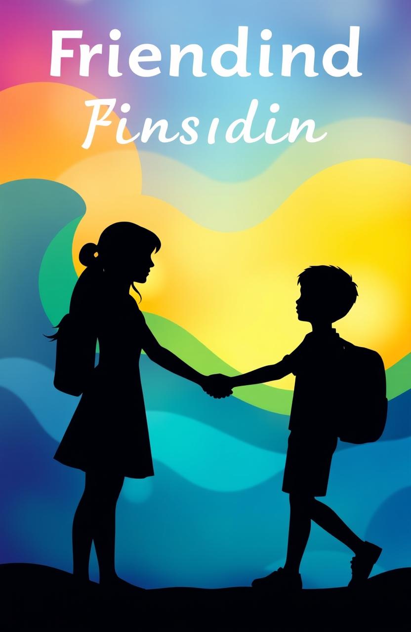 A silhouette of a girl and a boy shaking hands, featured prominently against a vibrant, colorful background