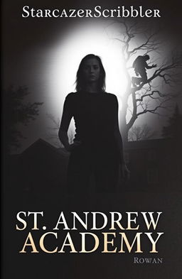 A dramatic book cover featuring a silhouette of a young woman named Rowan, standing defiantly under a bright spotlight