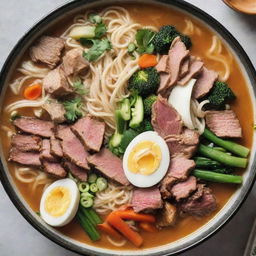 A towering, monstrous version of the noodle soup bowl, laden with vibrant vegetables and meat, springs to life and starts rampaging through a bustling city.