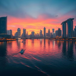 A stunning cityscape at twilight, featuring tall skyscrapers with bright lights reflecting off a calm river