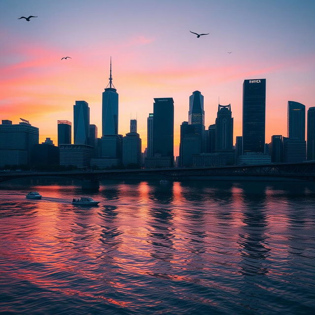 A stunning cityscape at twilight, featuring tall skyscrapers with bright lights reflecting off a calm river