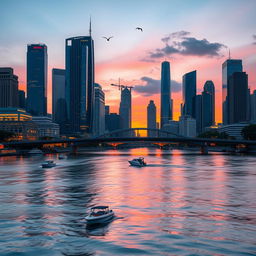 A stunning cityscape at twilight, featuring tall skyscrapers with bright lights reflecting off a calm river