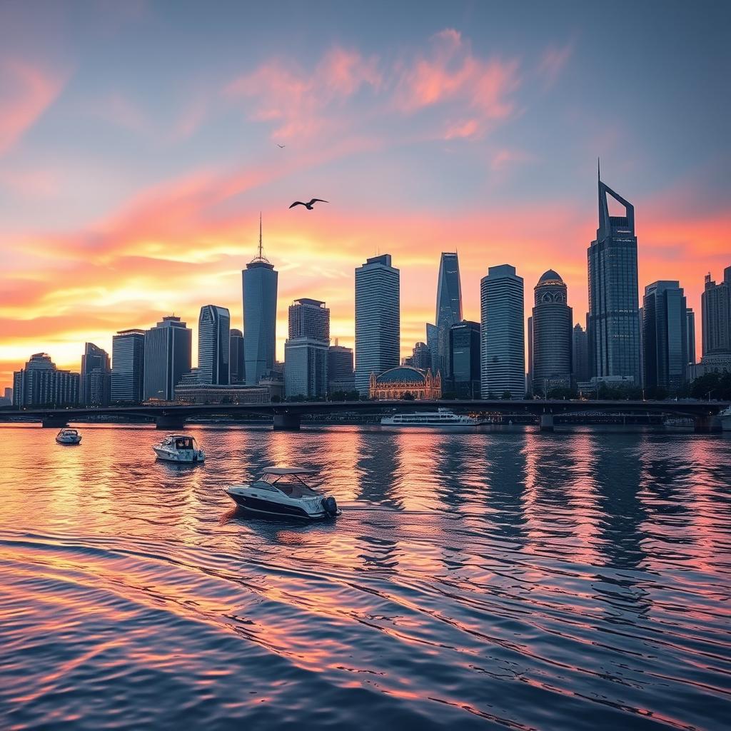 A stunning cityscape at twilight, featuring tall skyscrapers with bright lights reflecting off a calm river