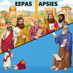 A vibrant illustration of the comparison between various apostles, each depicted with unique traits and activities symbolizing their characteristics