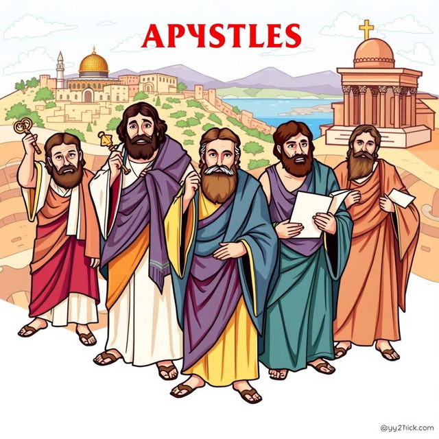 A vibrant illustration of the comparison between various apostles, each depicted with unique traits and activities symbolizing their characteristics