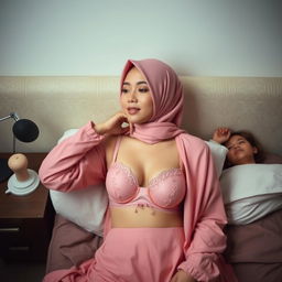 Sebuah komposisi yang memikat menampilkan wanita berjilbab yang anggun, berpose telentang di atas tempat tidur