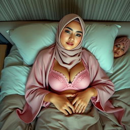 Sebuah komposisi yang memikat menampilkan wanita berjilbab yang anggun, berpose telentang di atas tempat tidur