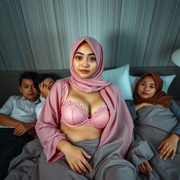 Sebuah komposisi yang memikat menampilkan wanita berjilbab yang anggun, berpose telentang di atas tempat tidur