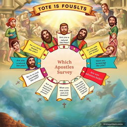 An artistic representation of a survey featuring illustrations of the twelve apostles, each accompanied by a set of questions that reflect their personalities and attributes