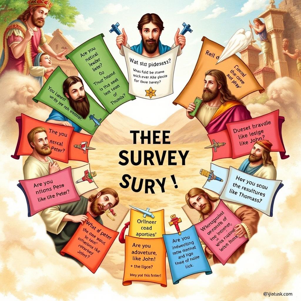 An artistic representation of a survey featuring illustrations of the twelve apostles, each accompanied by a set of questions that reflect their personalities and attributes