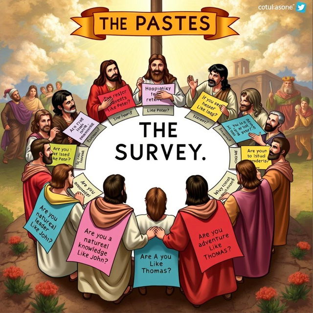 An artistic representation of a survey featuring illustrations of the twelve apostles, each accompanied by a set of questions that reflect their personalities and attributes