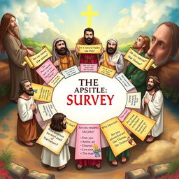 An artistic representation of a survey featuring illustrations of the twelve apostles, each accompanied by a set of questions that reflect their personalities and attributes