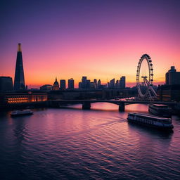 A captivating London cityscape at dusk, showcasing iconic landmarks like the Shard, Tower Bridge, and the London Eye, beautifully reflecting off the Thames River