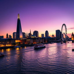 A captivating London cityscape at dusk, showcasing iconic landmarks like the Shard, Tower Bridge, and the London Eye, beautifully reflecting off the Thames River