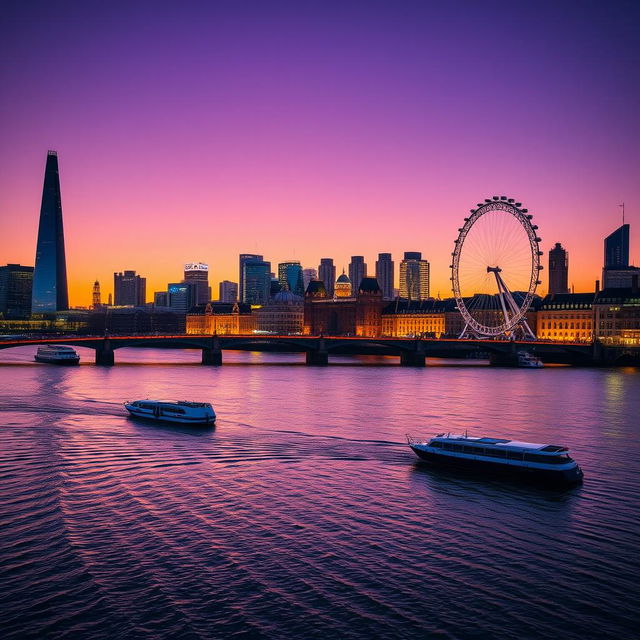 A captivating London cityscape at dusk, showcasing iconic landmarks like the Shard, Tower Bridge, and the London Eye, beautifully reflecting off the Thames River