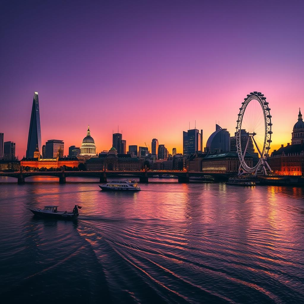 A captivating London cityscape at dusk, showcasing iconic landmarks like the Shard, Tower Bridge, and the London Eye, beautifully reflecting off the Thames River