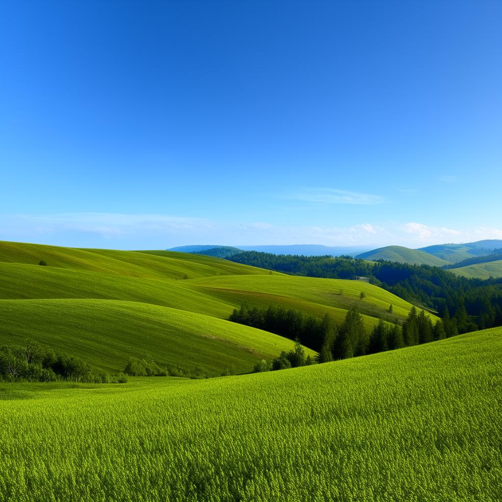 A breathtaking landscape showcasing rolling hills, lush greenery and a serene blue sky.