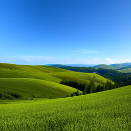 A breathtaking landscape showcasing rolling hills, lush greenery and a serene blue sky.