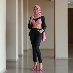 Sebuah komposisi yang menawan menampilkan wanita berjilbab yang anggun, mengenakan bra dan celana dalam berwarna pink, berpose menungging dengan percaya diri di hadapan para pria