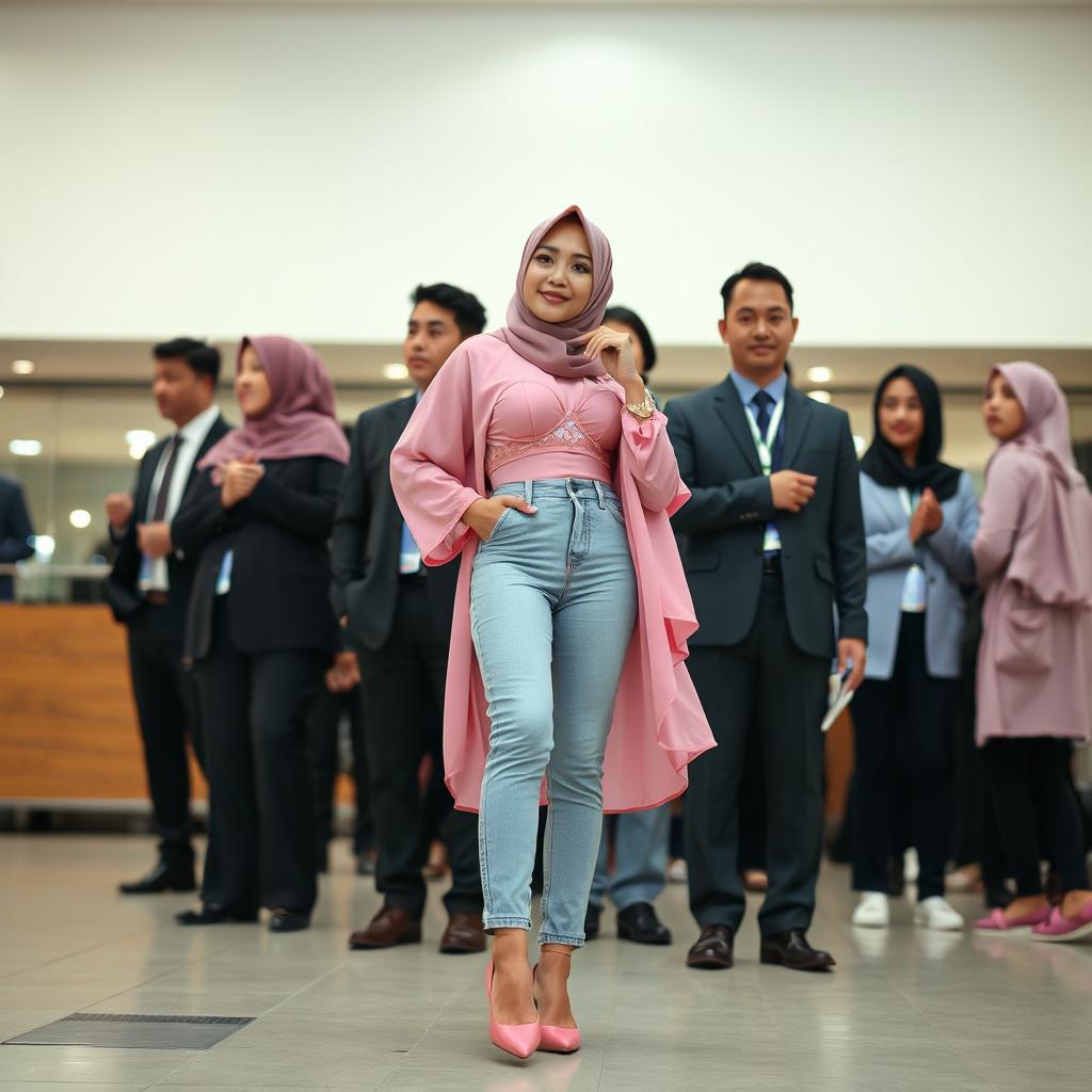 Sebuah komposisi yang menawan menampilkan wanita berjilbab yang anggun, mengenakan bra dan celana dalam berwarna pink, berpose menungging dengan percaya diri di hadapan para pria