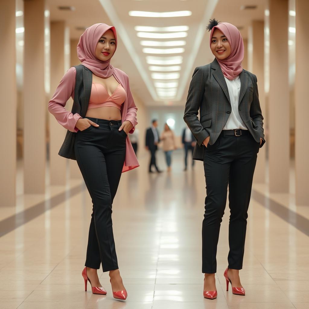 Sebuah komposisi yang menawan menampilkan wanita berjilbab yang anggun, mengenakan bra dan celana dalam berwarna pink, berpose menungging dengan percaya diri di hadapan para pria