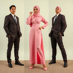 Sebuah komposisi yang menawan menampilkan wanita berjilbab yang anggun, mengenakan bra dan celana dalam berwarna pink, berpose menungging dengan percaya diri di hadapan para pria