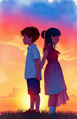 A young boy and girl holding hands, both gazing at a beautiful sunset