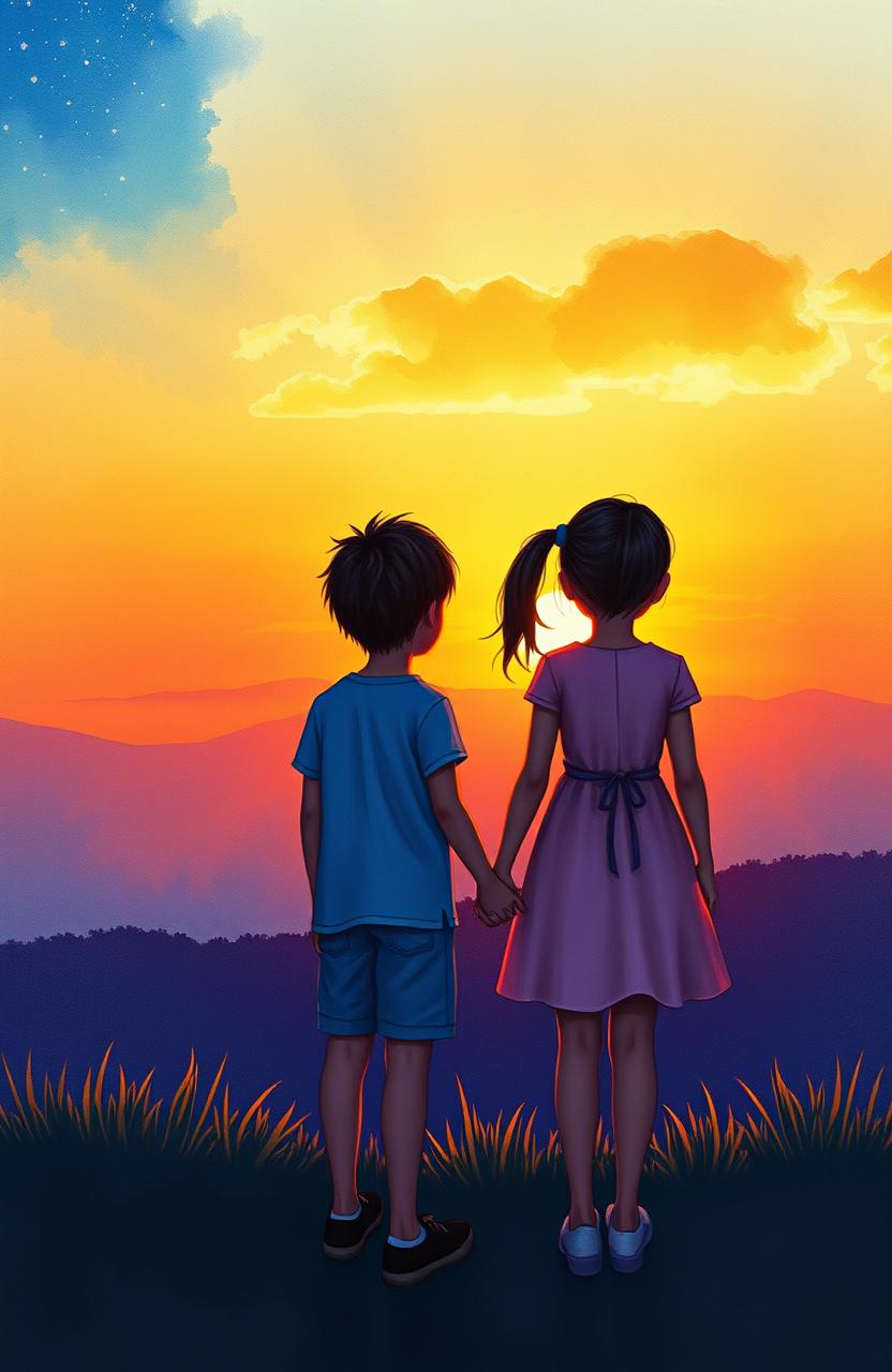 A young boy and girl holding hands, both gazing at a beautiful sunset