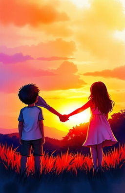 A young boy and girl holding hands, both gazing at a beautiful sunset