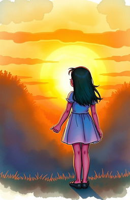 A young boy and girl holding hands, both gazing at a beautiful sunset