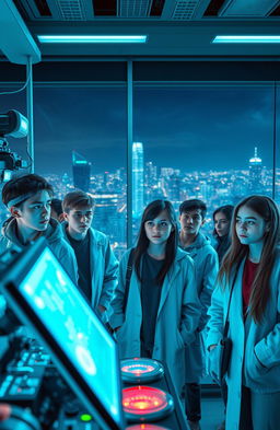 A dramatic sci-fi scene depicting a high-tech laboratory setting filled with futuristic equipment and glowing screens