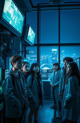 A dramatic sci-fi scene depicting a high-tech laboratory setting filled with futuristic equipment and glowing screens