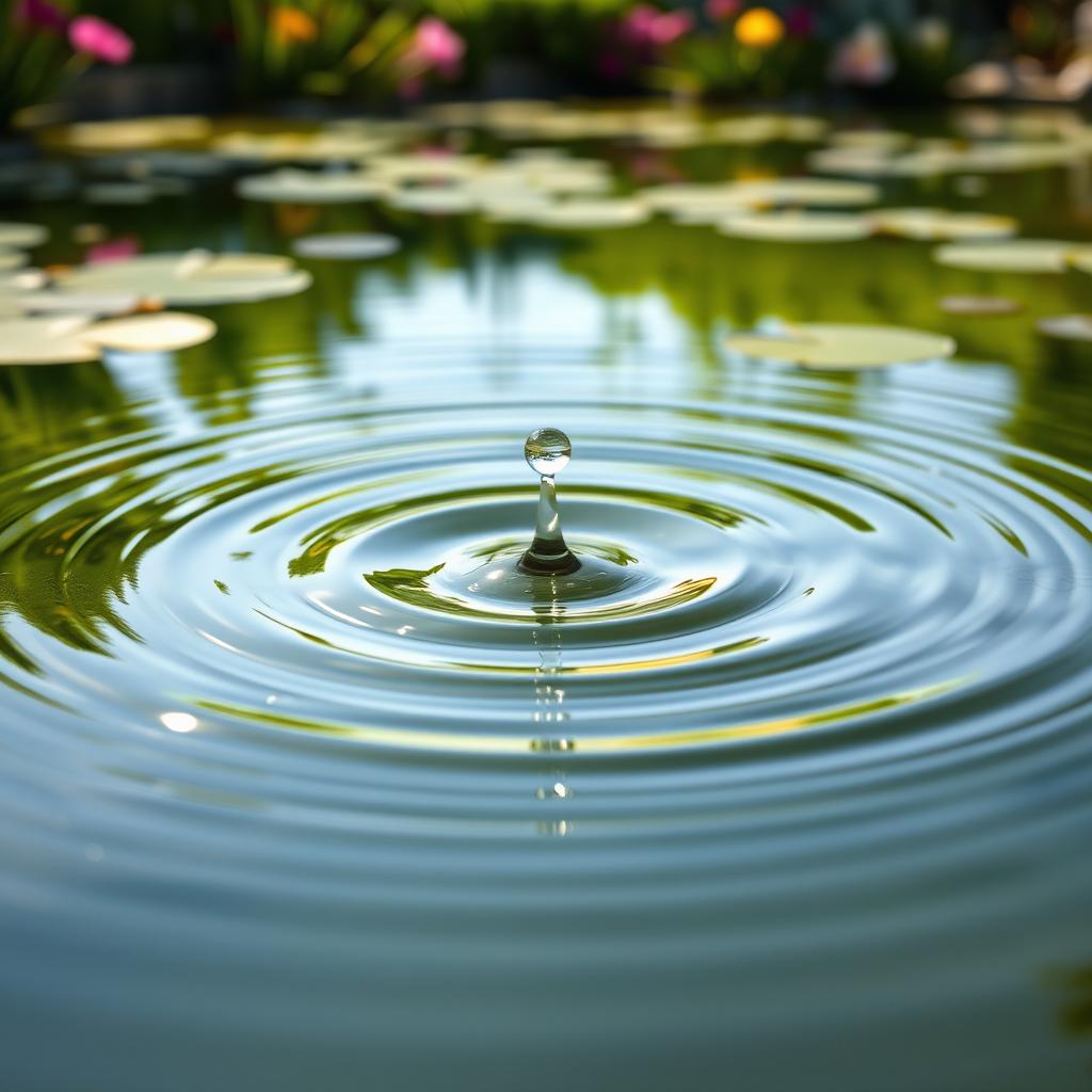 A beautifully captured image of a tranquil pond with a strong ripple effect emanating from a single drop of water splashing into the surface