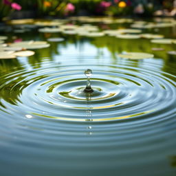 A beautifully captured image of a tranquil pond with a strong ripple effect emanating from a single drop of water splashing into the surface