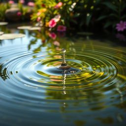 A beautifully captured image of a tranquil pond with a strong ripple effect emanating from a single drop of water splashing into the surface