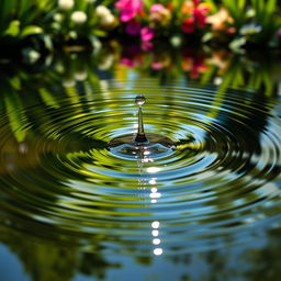 A beautifully captured image of a tranquil pond with a strong ripple effect emanating from a single drop of water splashing into the surface