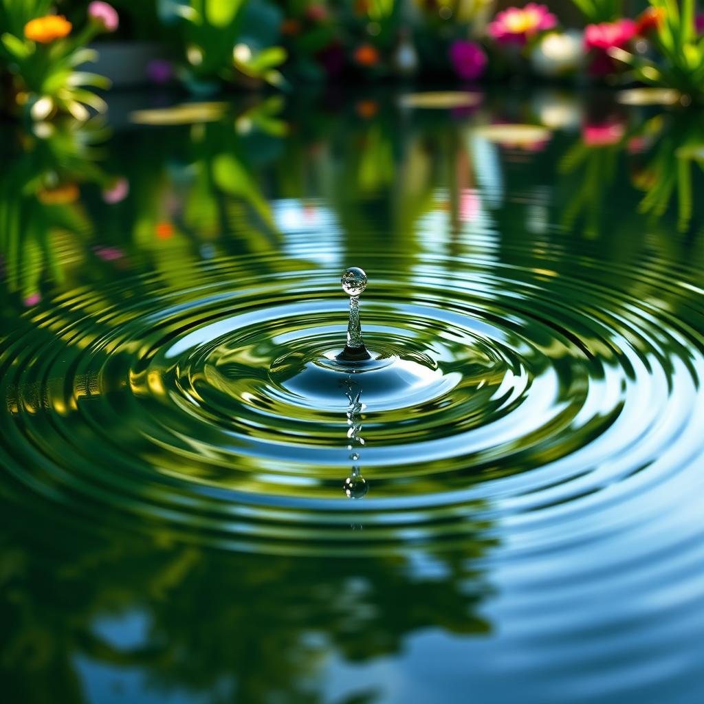 A beautifully captured image of a tranquil pond with a strong ripple effect emanating from a single drop of water splashing into the surface