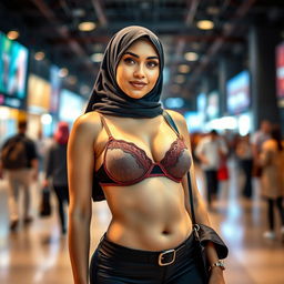 An eye-catching scene featuring a confident hijab-wearing woman showcasing her curves in a stylish way