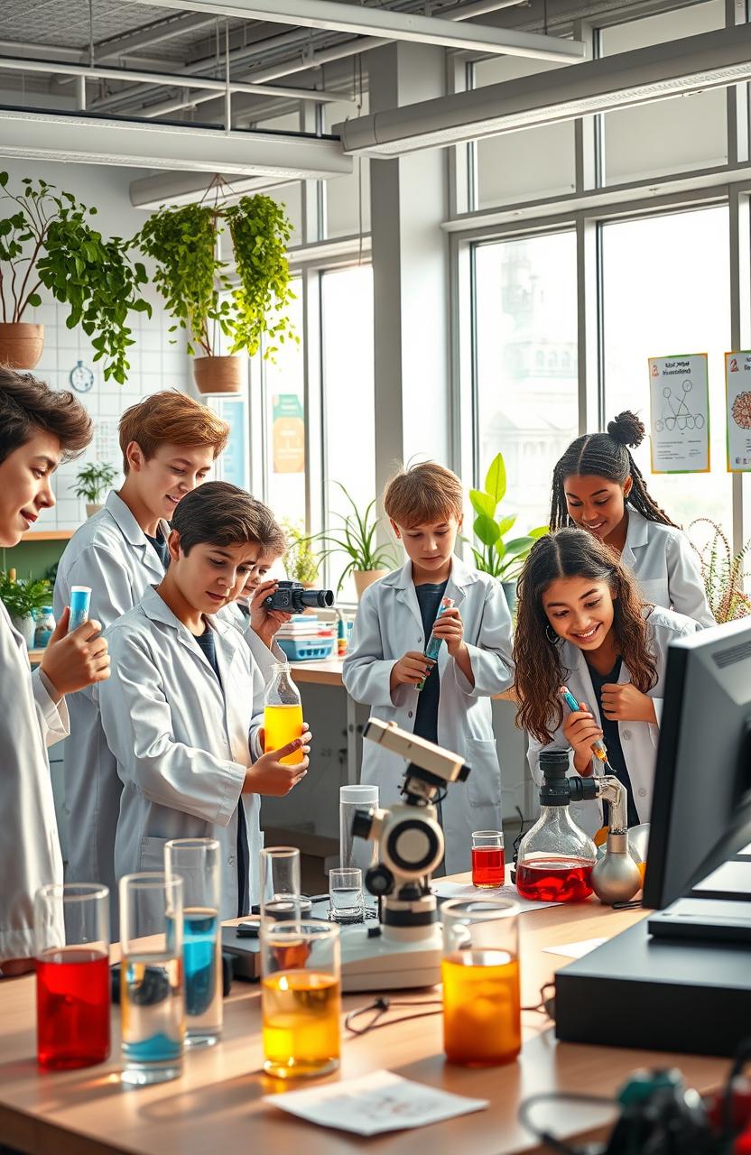 A vibrant and inspiring scene set in a modern school for scientists, featuring a diverse group of students engaged in various scientific activities